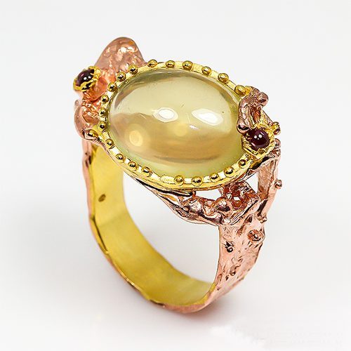 טבעת בשיבוץ אבני קוורץ לימוני וגרנט עבודת יד כסף 925 וציפוי זהב מולטי מידה: 9